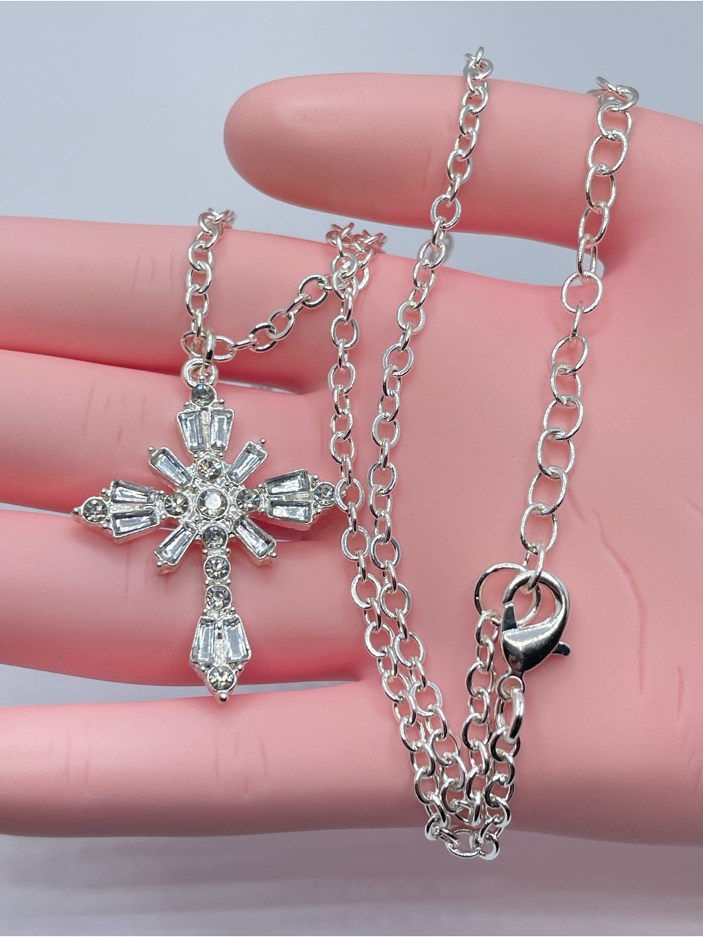 Silver Diamond White Crystal Cross Necklace Faith Sparkly Statement Pendant